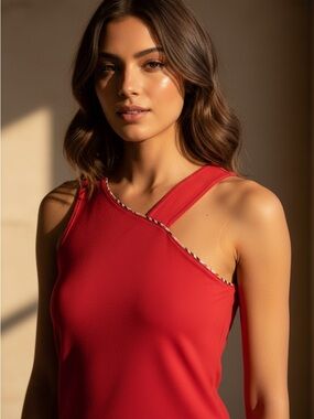 Burberry Red Sleeveless Asymmetric Trim Tank